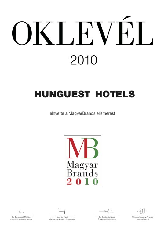 Hunguest Hotels MagyarBrands Oklevél